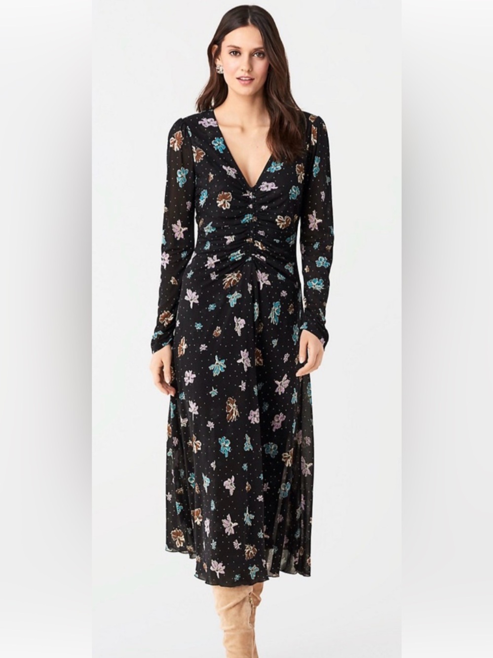 Diane Von Furstenberg Black Floral Ruched Midi Dress